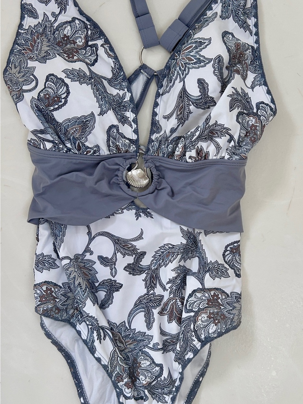 Gray & White Paisley One-Piece Swimsuit with SeaShell detail